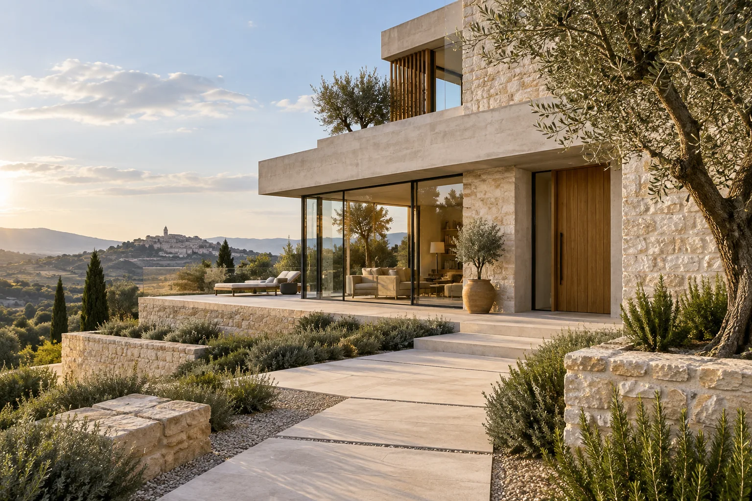 Architettura residenziale contemporanea in pietra e calcestruzzo, immagine illustrativa